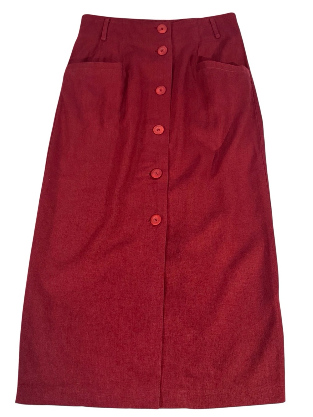 Vintage Express Size Medium Red Burgundy Button Up Midi Skirt Academia Pockets
